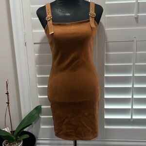 Iris Faux Suede Mini Dress with adjustable Straps. Color Chestnut Size S